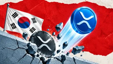 Blue XRP coin bouncing off broken wall with South Korean flag in background