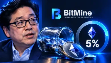 Tom Lee next to BitMine logo, jar of Ethereum coins, and 5% cap chart