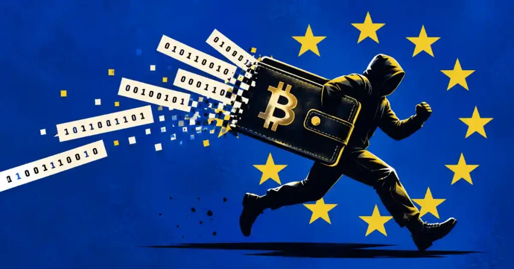 Hooded figure stealing a Bitcoin wallet leaving binary code against EU flag