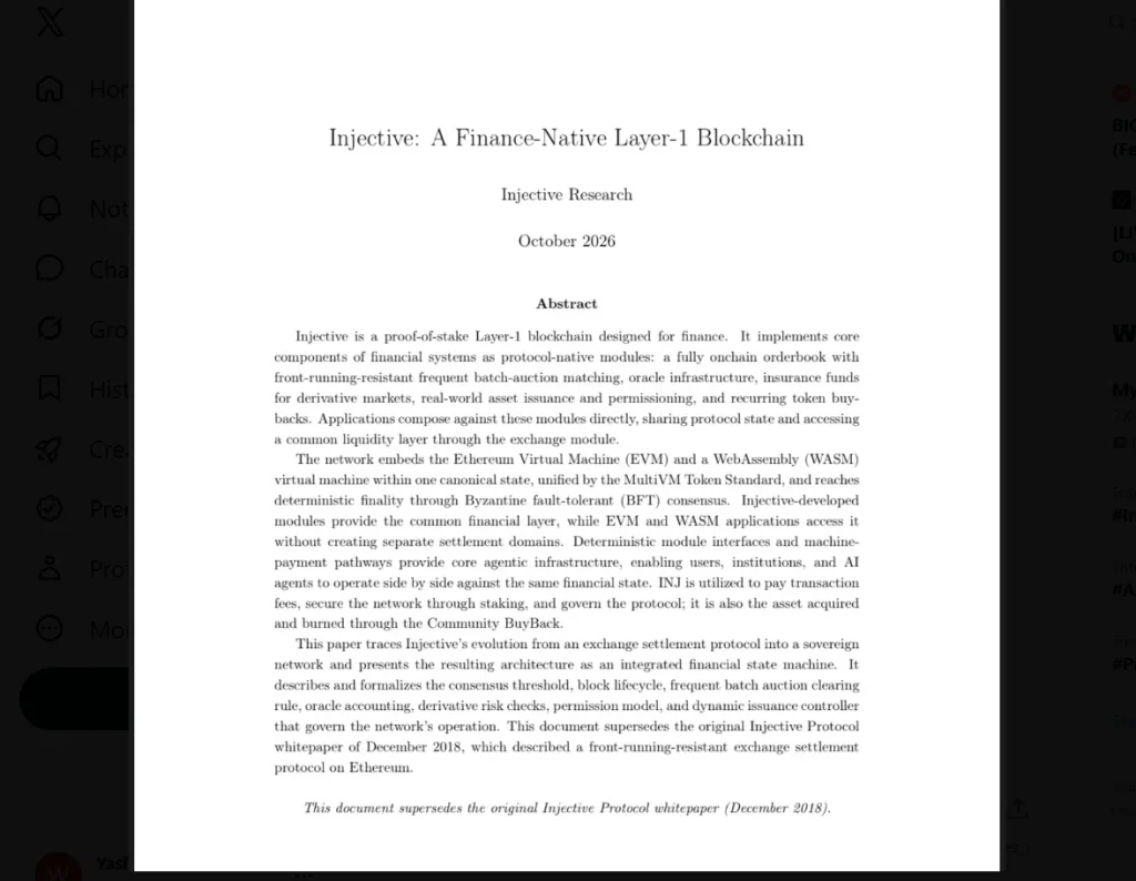 Injective Whitepaper Recasts INJ Chain Around Tokenized Finance
