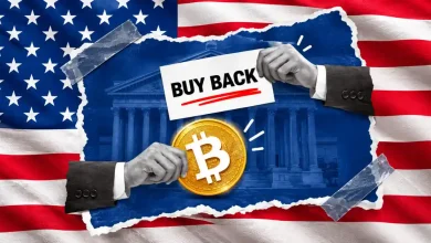 Hands holding Buy Back sign and Bitcoin coin over US Treasury building background