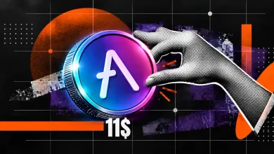 Halftone hand placing Avalanche AVAX coin beside $11 label