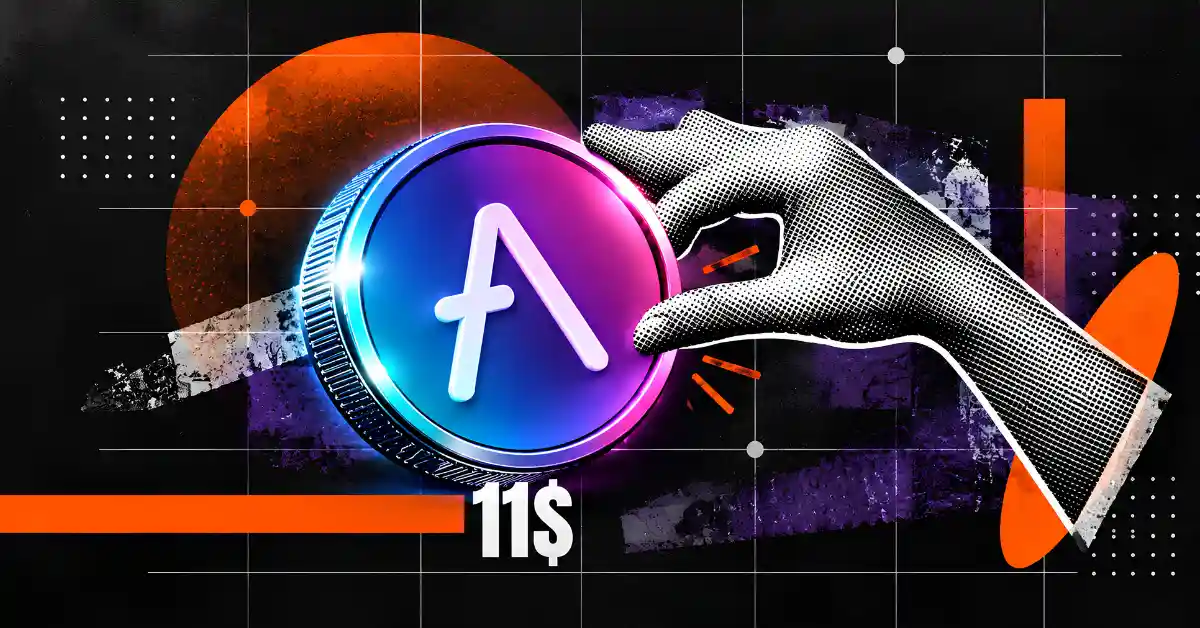 Halftone hand placing Avalanche AVAX coin beside $11 label