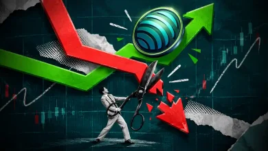 Businessman cutting red downtrend arrow with giant scissors under green Jupiter coin arrow