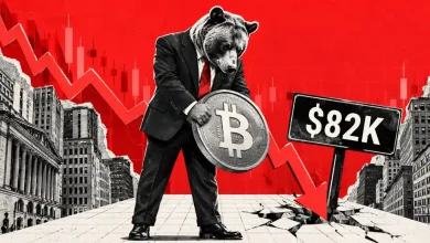 Bear in a suit holding a Bitcoin coin next to $82K sign and downward arrow
