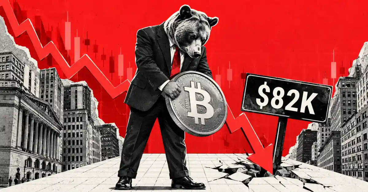 Bear in a suit holding a Bitcoin coin next to $82K sign and downward arrow