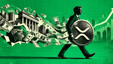 Businessman carrying large XRP coin toward rising stock chart amid flowing cash