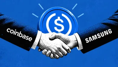 Handshake between Coinbase and Samsung with glowing USDC coin background