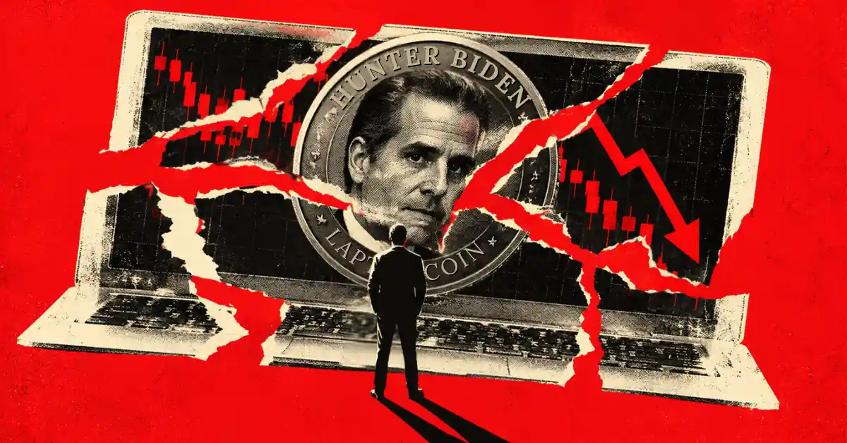 Person looking at Hunter Biden Laptop Coin on torn laptop display with price chart