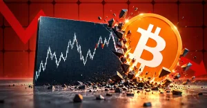 Gold Bitcoin coin crashing into a stone price chart with falling red arrow