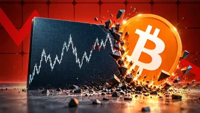 Gold Bitcoin coin crashing into a stone price chart with falling red arrow