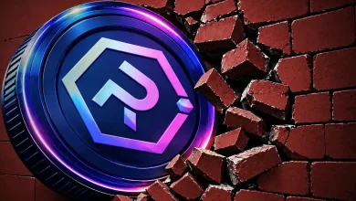 Blue and purple Raydium RAY coin smashing through a red brick wall
