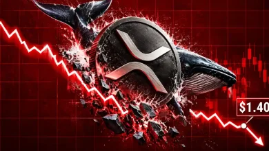 Gold Bitcoin coin crashing into a stone price chart with falling red arrow