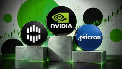 Nvidia Micron and semiconductor logos displayed on concrete podiums against price charts