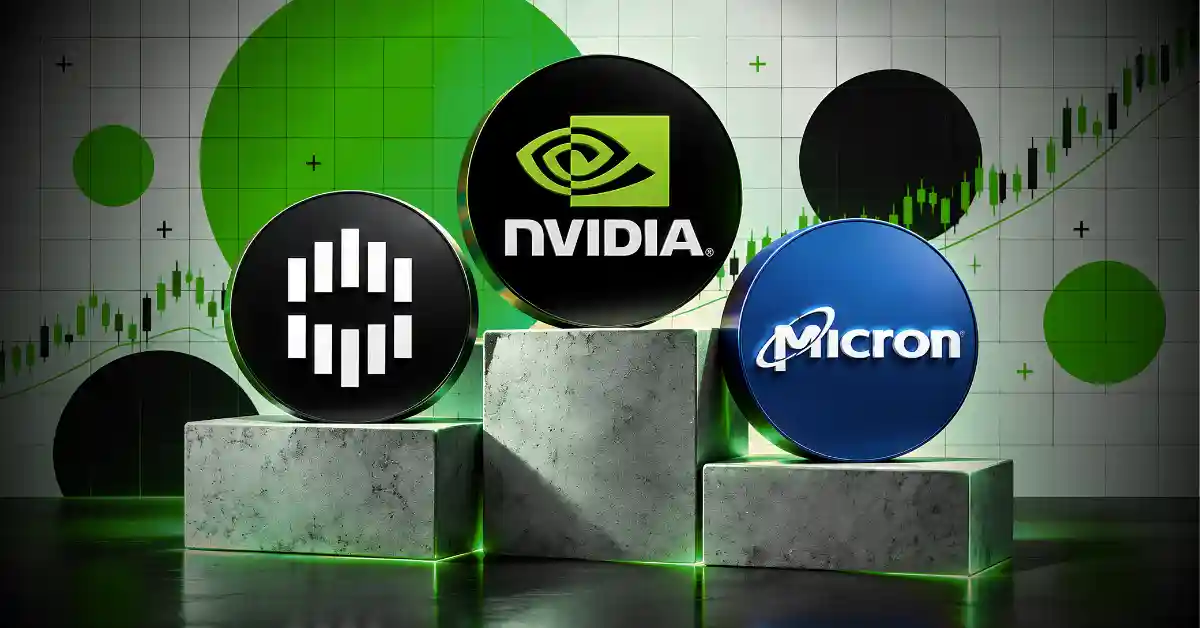 Nvidia Micron and semiconductor logos displayed on concrete podiums against price charts