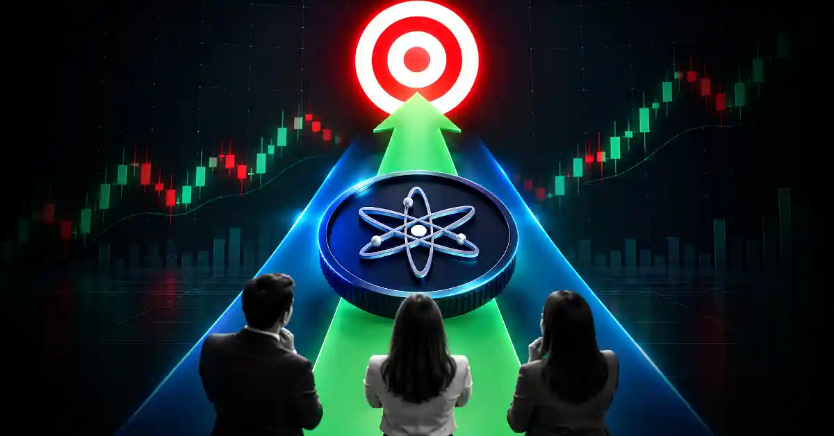 Cosmos ATOM coin riding green arrow toward red bullseye with traders watching
