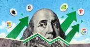 Benjamin Franklin portrait surrounded by big tech logos and rising green arrows