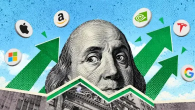 Benjamin Franklin portrait surrounded by big tech logos and rising green arrows