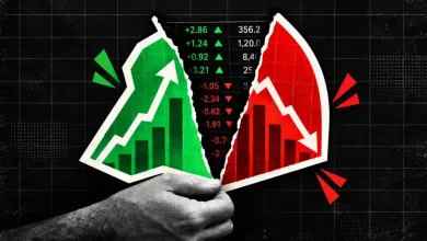 Hand holding torn financial chart split between green growth and red crash