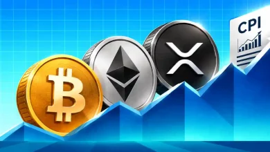 Bitcoin Ethereum and XRP coins aligned along an ascending price chart with CPI report