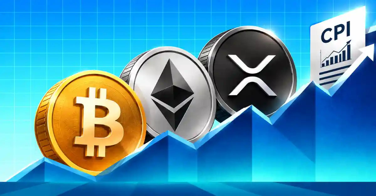 Bitcoin Ethereum and XRP coins aligned along an ascending price chart with CPI report
