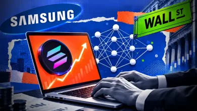 Solana SOL coin on laptop screen with Samsung logo and Wall St sign