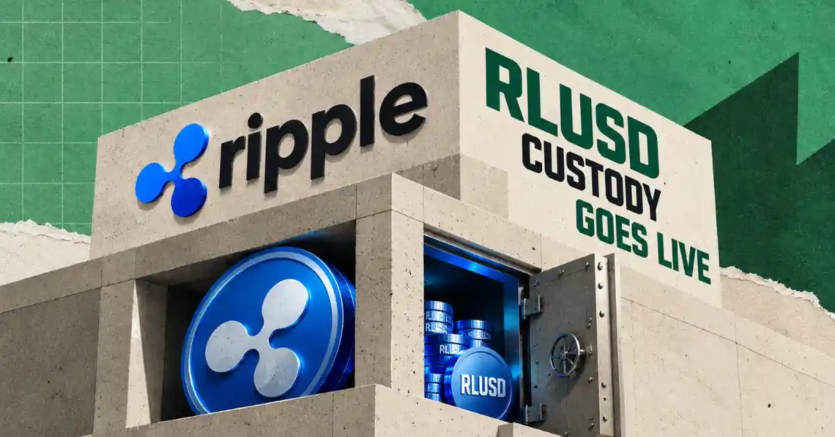 Open bank vault with RLUSD coins and Ripple logo with text RLUSD Custody Goes Live