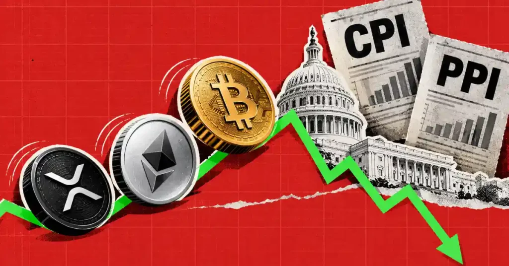 XRP Ethereum and Bitcoin coins rolling down a red chart past US Capitol and CPI documents
