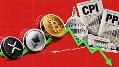 XRP Ethereum and Bitcoin coins rolling down a red chart past US Capitol and CPI documents