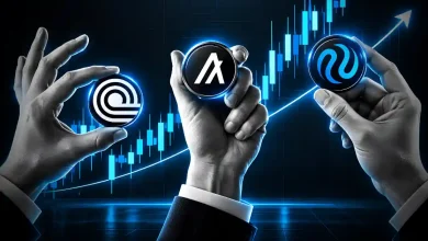 Hands holding glowing ONDO Algorand and Injective coins against rising price chart
