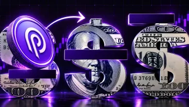 Red Render RNDR coins on dollar bill puzzle with candlestick charts