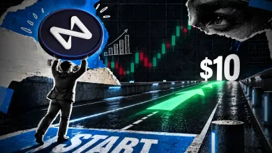 Businessman lifting giant NEAR coin on a road pointing to $10 target