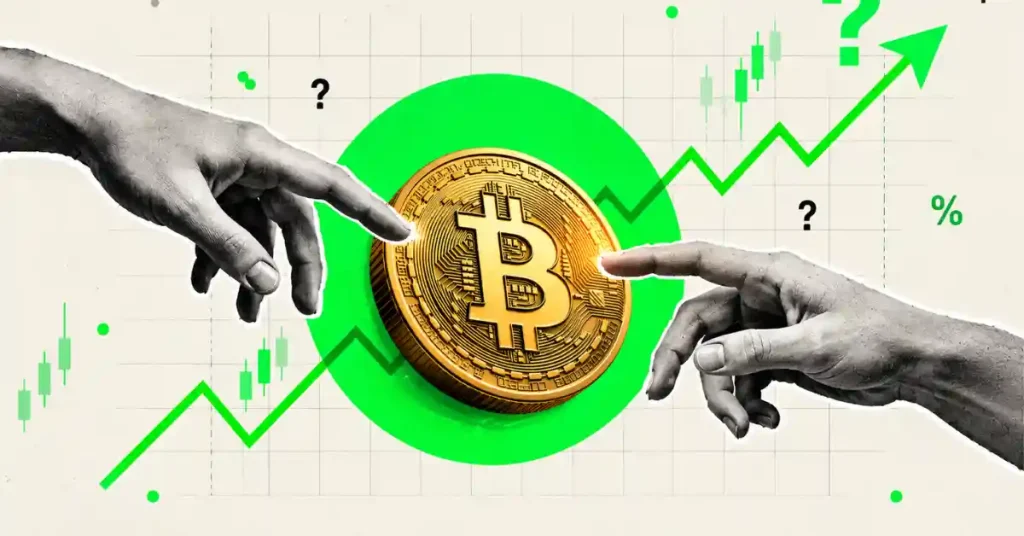 Creation of Adam style hands reaching toward a Bitcoin coin with green chart arrow