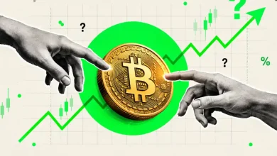 Creation of Adam style hands reaching toward a Bitcoin coin with green chart arrow