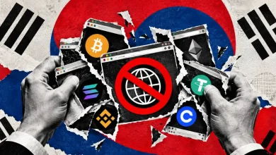 Hands tearing browser windows showing crypto logos with a red prohibition sign over South Korean flag