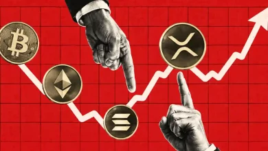 Hands pointing at Bitcoin, Ethereum, Solana, and XRP coins on a surging red chart