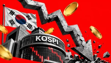 Cracked stone arrow crashing into KOSPI building with South Korean flag and falling coins