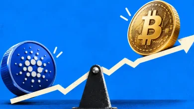 Cardano and Bitcoin coins on a seesaw chart scale