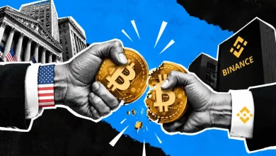 Hands pulling apart a golden Bitcoin coin between Wall Street and Binance building