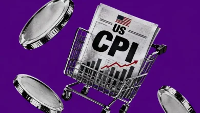 Shopping cart with US CPI report surrounded by floating silver coins