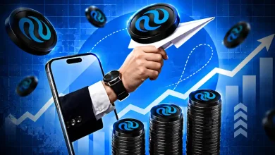 Hand holding paper airplane with Injective coin launching from smartphone beside rising chart