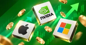 Nvidia Apple and Microsoft logos on golden tiles with rising green stock chart