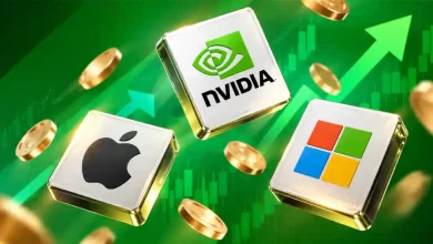 Nvidia Apple and Microsoft logos on golden tiles with rising green stock chart