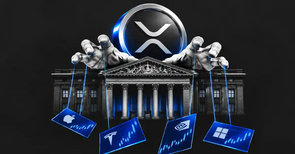 Hands controlling stock market cards for Apple, Tesla, Nvidia, and Microsoft like puppets under Ripple XRP logo