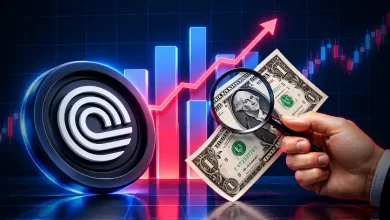 ONDO cryptocurrency logo token beside rising bar chart and hand holding dollar bill under magnifying glass