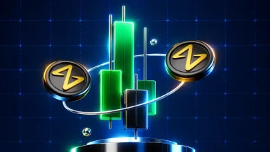 NEAR Protocol logo tokens orbiting glowing green bullish candlestick charts