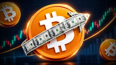 Large Bitcoin coin wrapped in dollar bill arrow over rising candlestick chart