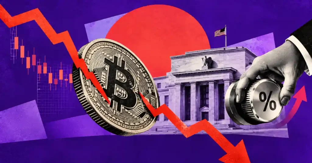 Bitcoin coin split by red crash arrow next to Federal Reserve building and hand turning interest rate dial
