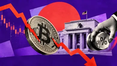 Bitcoin coin split by red crash arrow next to Federal Reserve building and hand turning interest rate dial