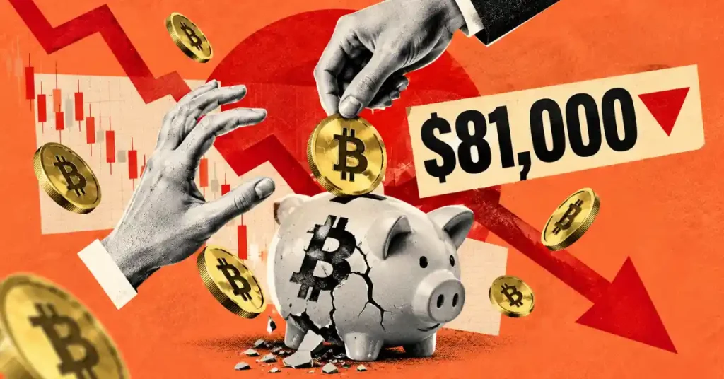 Cracked Bitcoin piggy bank with falling coins and $81,000 price drop banner